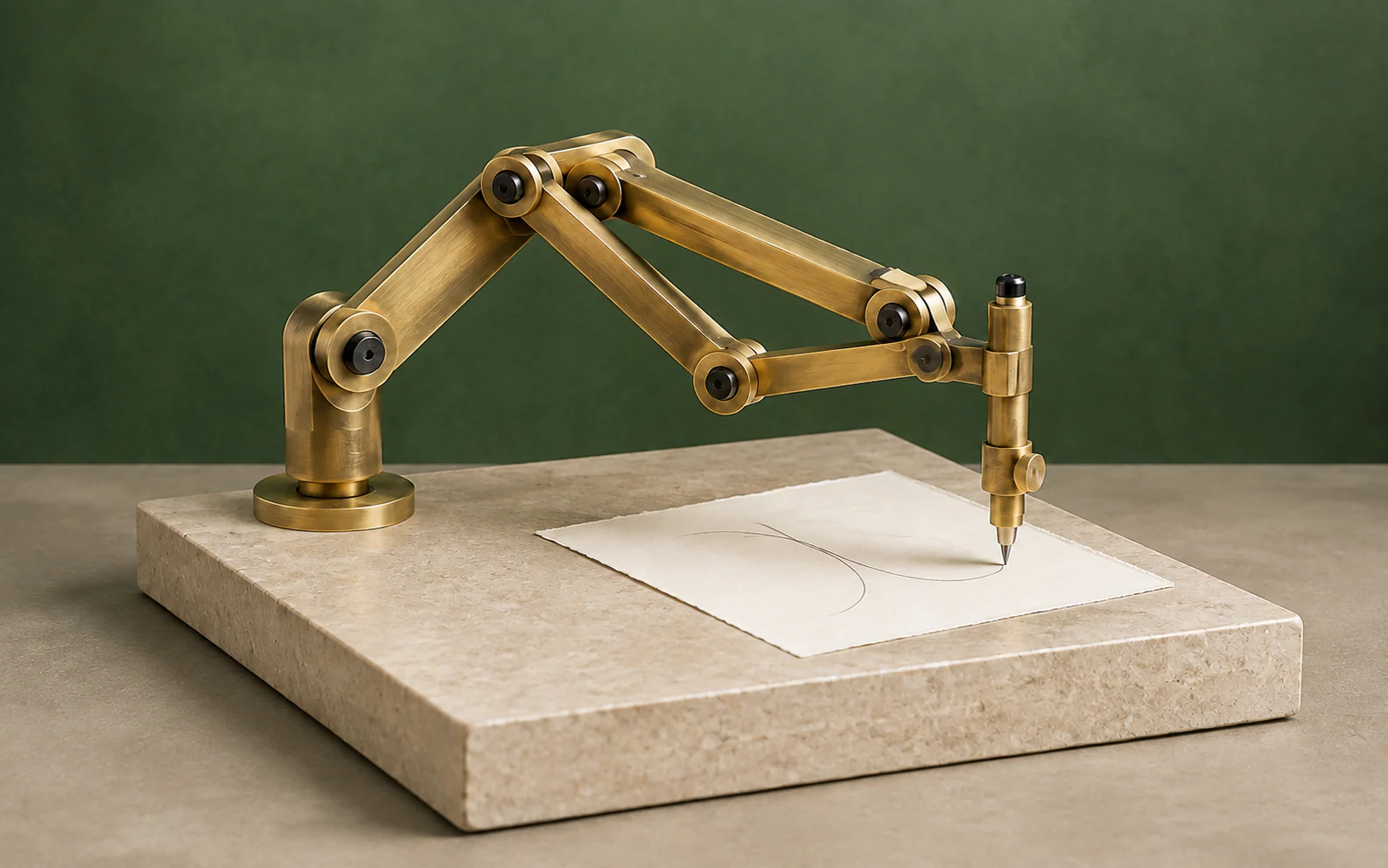 Conceptual still life of an articulated brass research instrument above paper and stone.