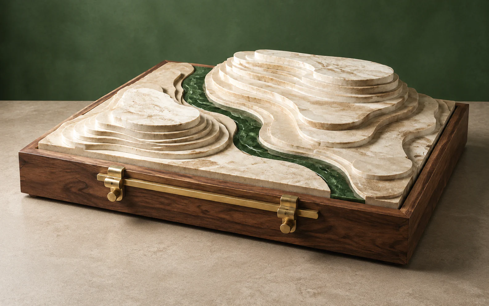 Conceptual still life of a carved stone terrain in a walnut frame with brass instruments.