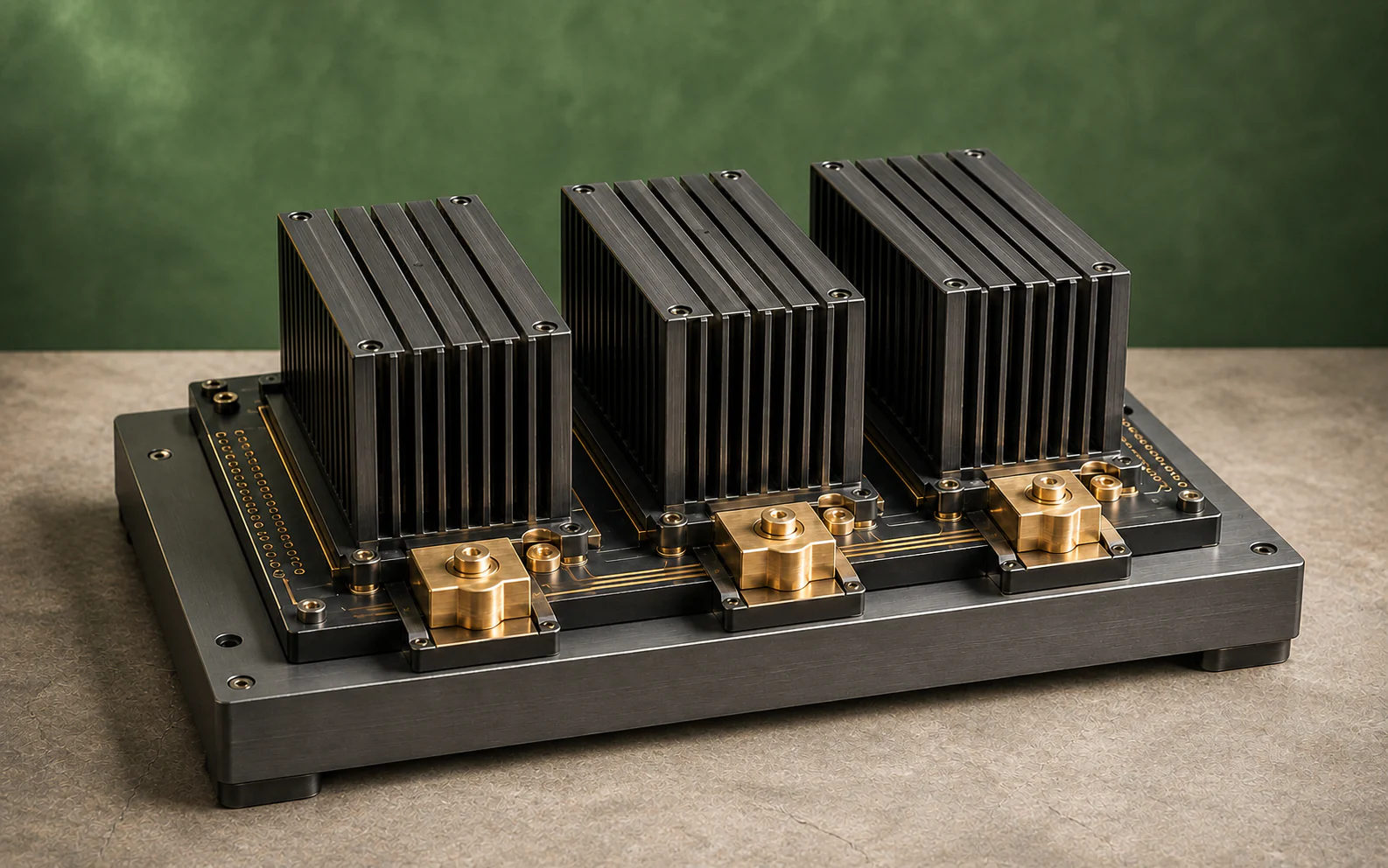 Conceptual still life of dark metal computing modules on a solid brass baseboard.